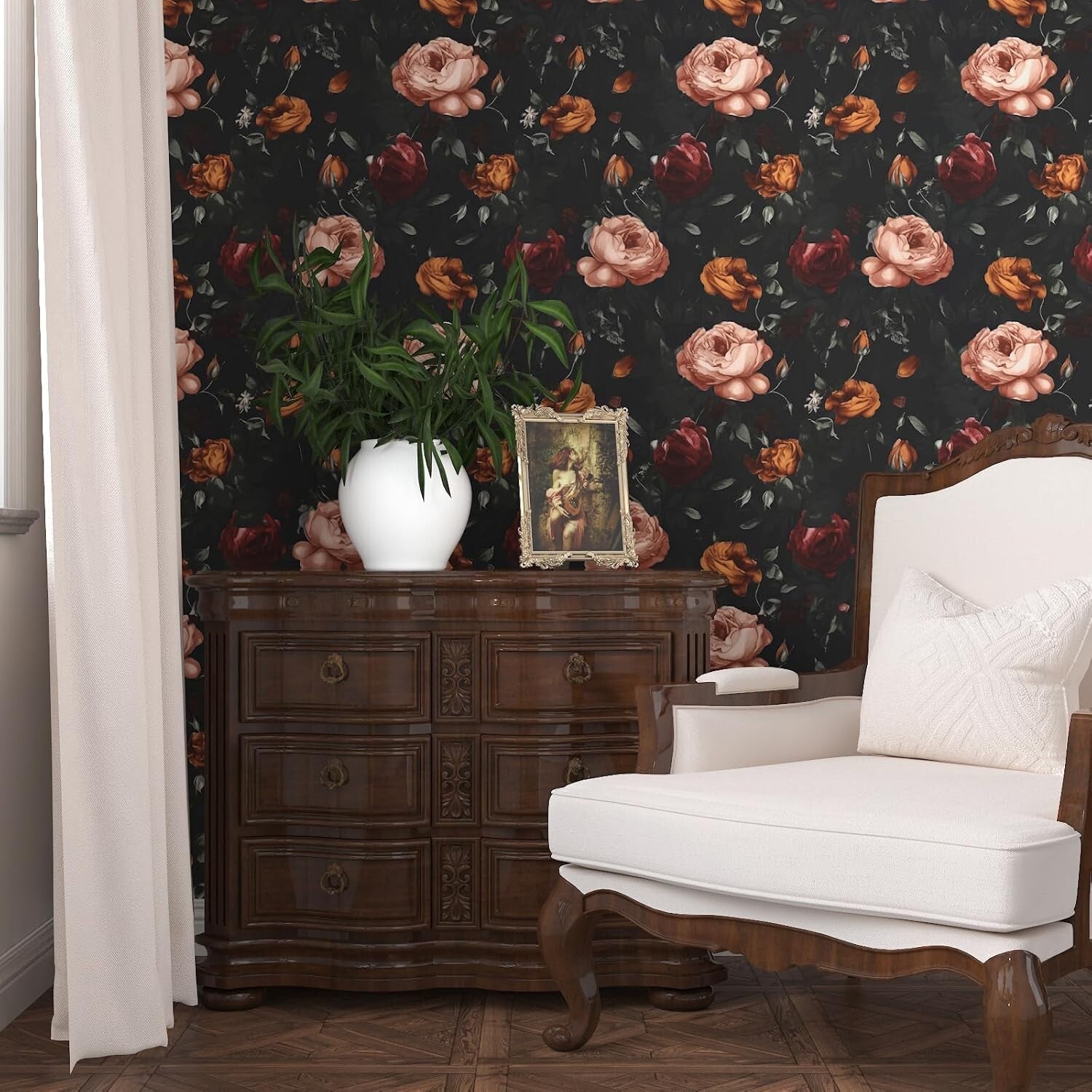 Elegant Black Floral Peel and Stick Wallpaper - Large Coverage 17.5in x 393.7in