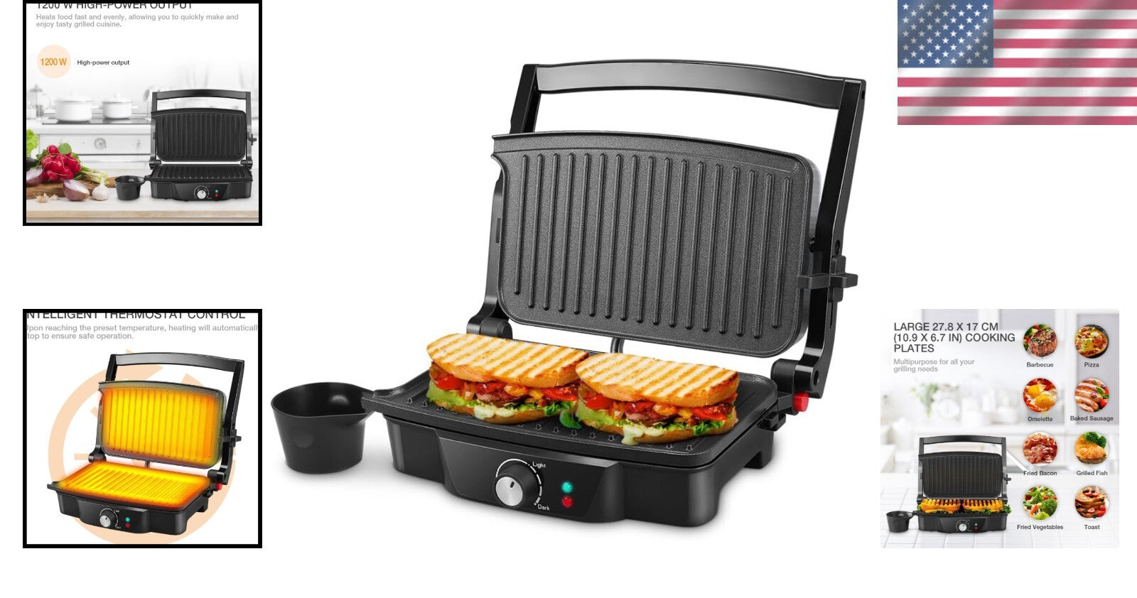 PFOA & BPA Free Panini Press - 2 Slice Non-Stick Electric Grill with Oil Cups