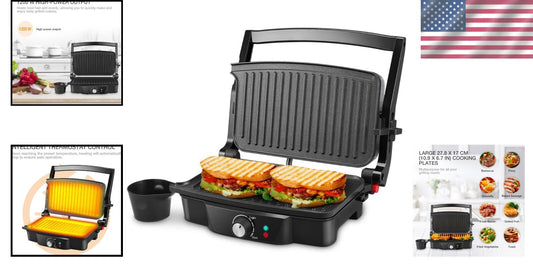 PFOA & BPA Free Panini Press - 2 Slice Non-Stick Electric Grill with Oil Cups