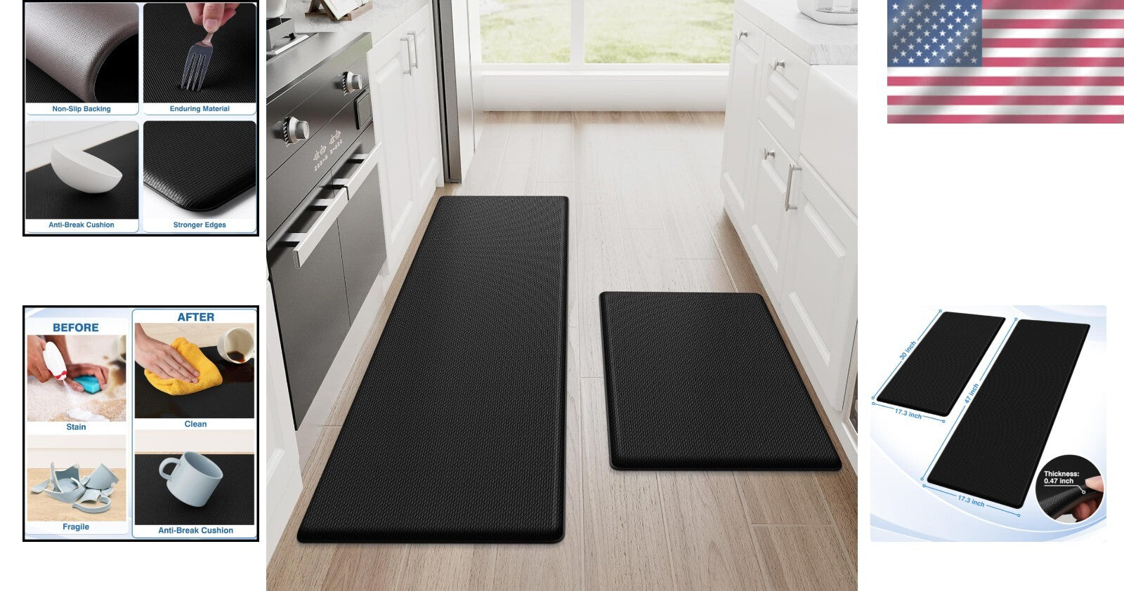 Durable Non-Slip Kitchen Mat Set - Cushioned Anti-Fatigue, 17.3"×30"+17.3"×47"