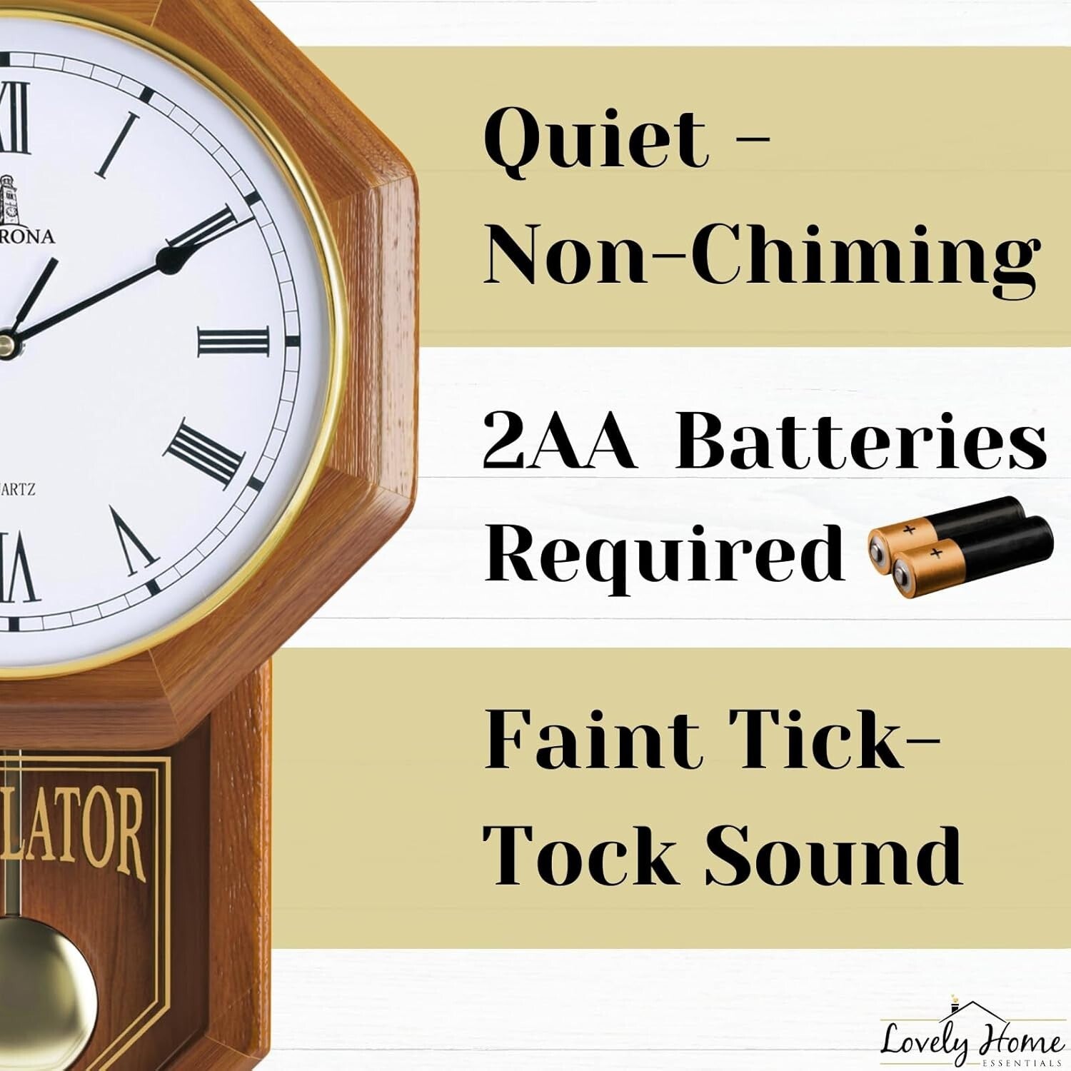 Battery-Operated Non-Chiming Wooden Pendulum Clock - 18" x 11" Classic Decor