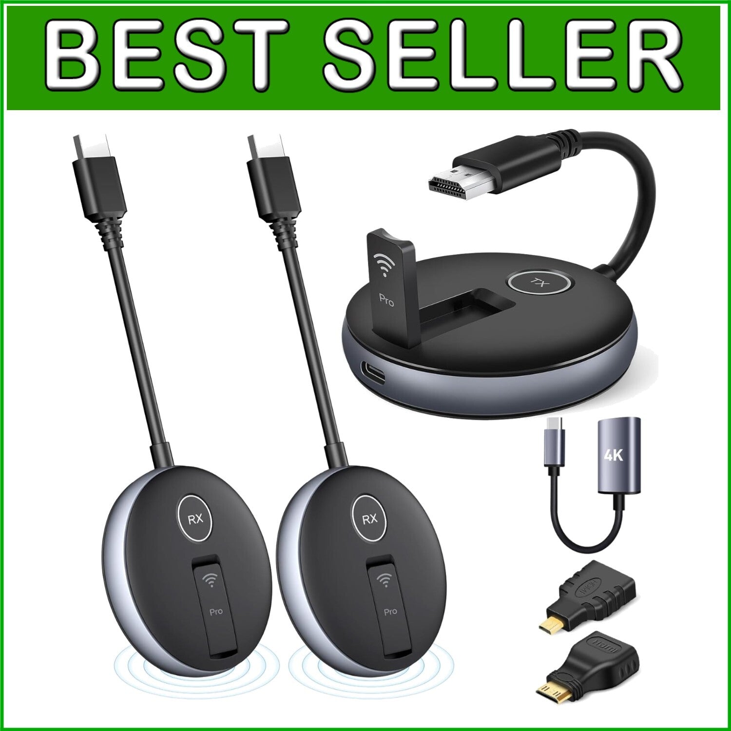 Advanced Wireless HDMI Setup with 1TX, 2RX, USB-C Adapter, 60Hz Streaming