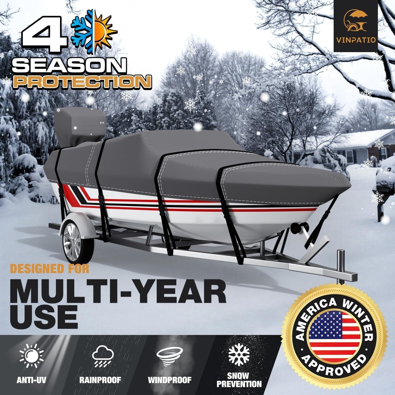 Durable Water-Resistant Boat Cover for 24-26 ft V-Hull Boats - 3 Year Warranty