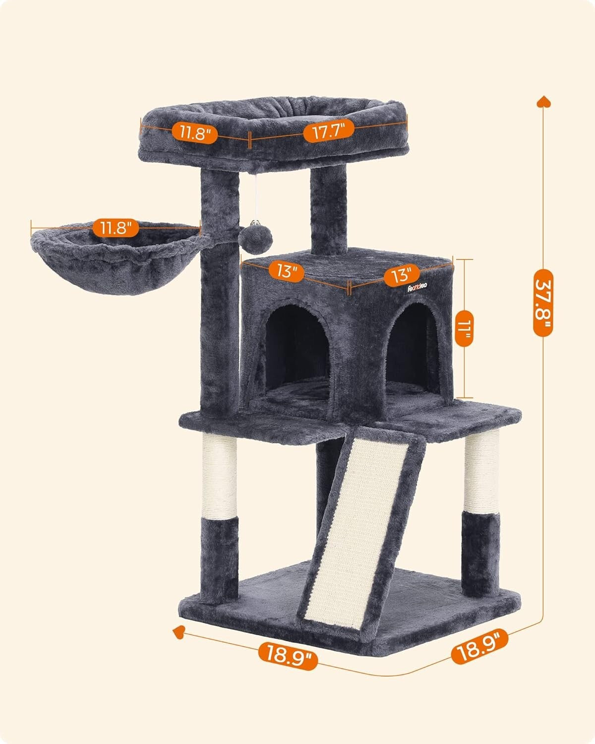 37.8-Inch Multi-Level Cat Tower with Scratching Ramp for Large Cats & Kittens