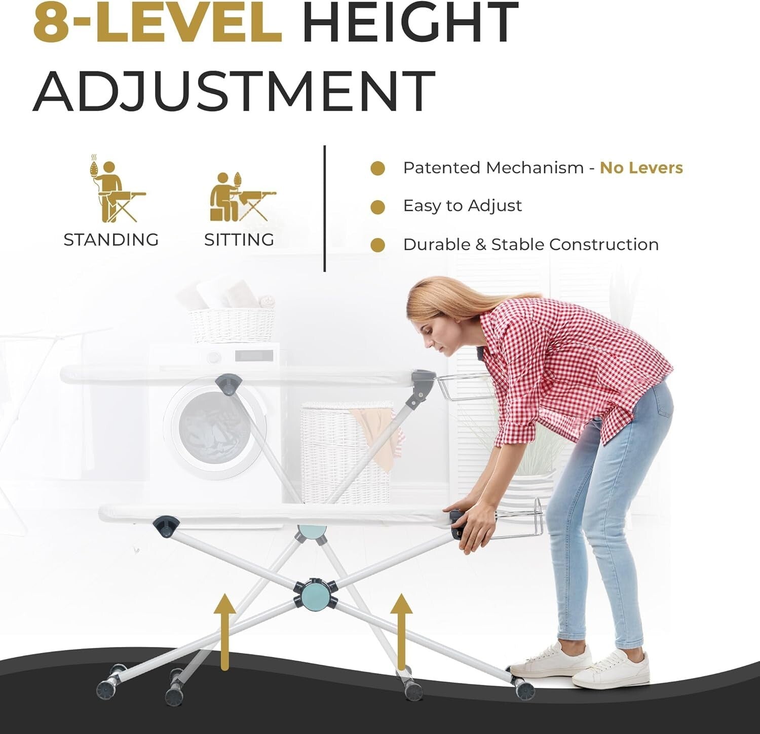 EZ20 Slim Ironing Board with 8-Level Height Adjustment & 360° Rotating Design
