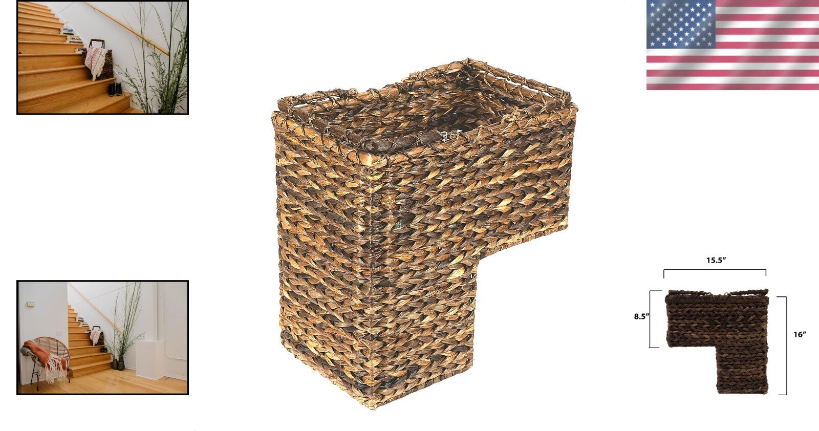 Lightweight Modern BacBac Leaf Stair Basket with Rattan Handles - 16x15.5 in