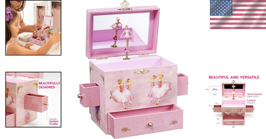Magical Musical Jewelry Box with 4 Drawers and Ballerina Figurine - Gift Ready