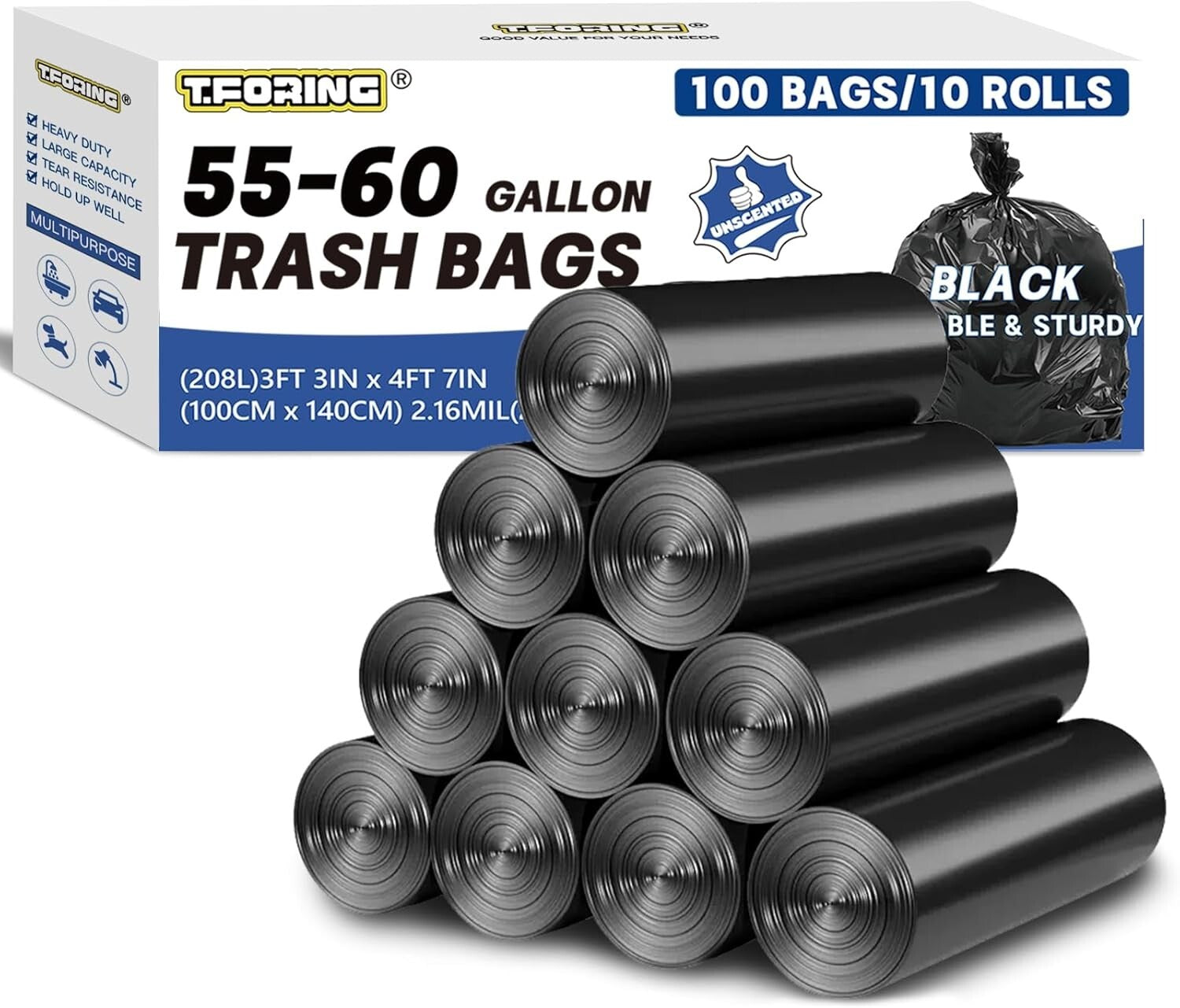 100 Heavy-Duty Unscented Trash Bags - 55-60 Gallon Waterproof Can Liners - Black