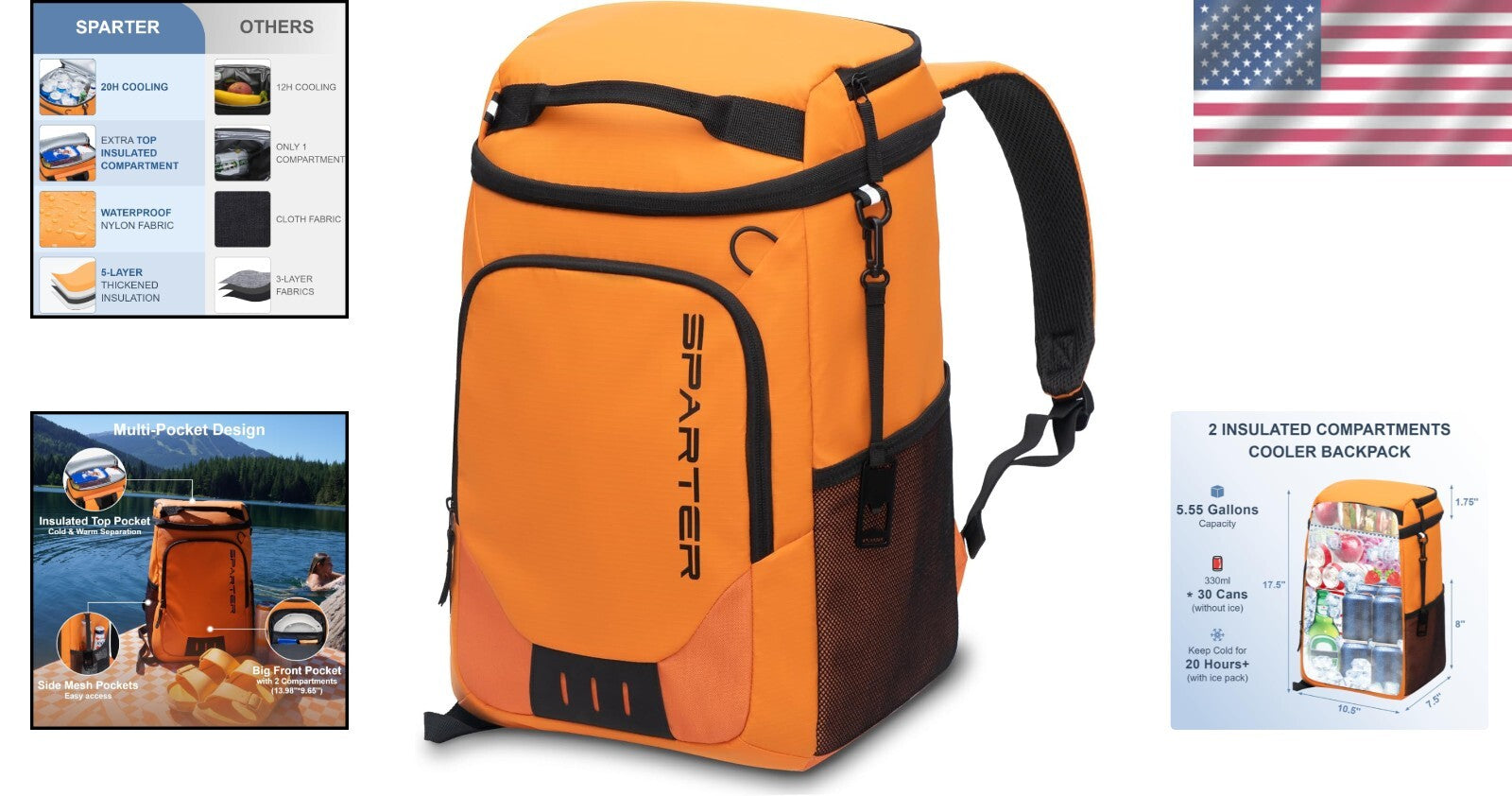 Waterproof Lightweight Cooler Backpack - 30 Can Insulated Bag with Bottle Opener