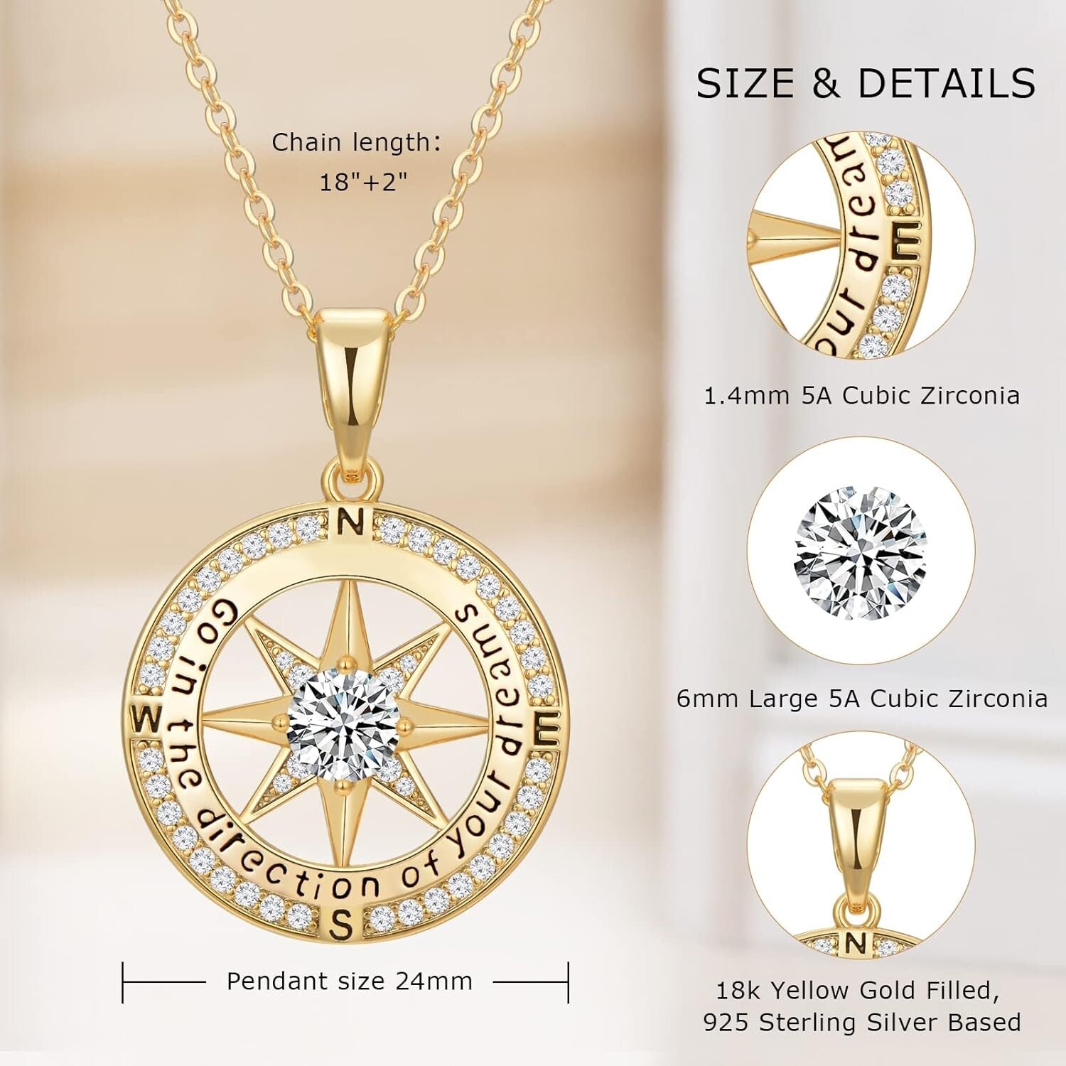 Adjustable Compass Necklace Gift Box for Graduation - Sterling Silver Jewelry