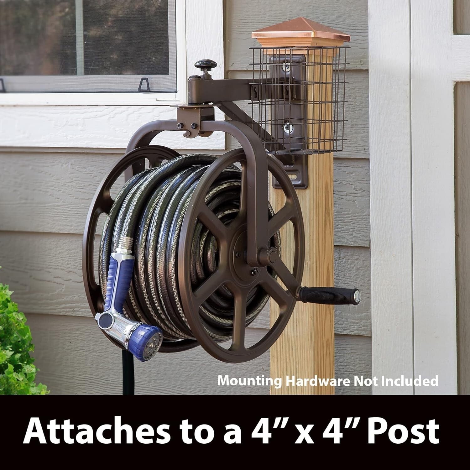 Rotating Bronze Hose Reel Holds 125ft Hose: Garden Essentials for Neat Storage