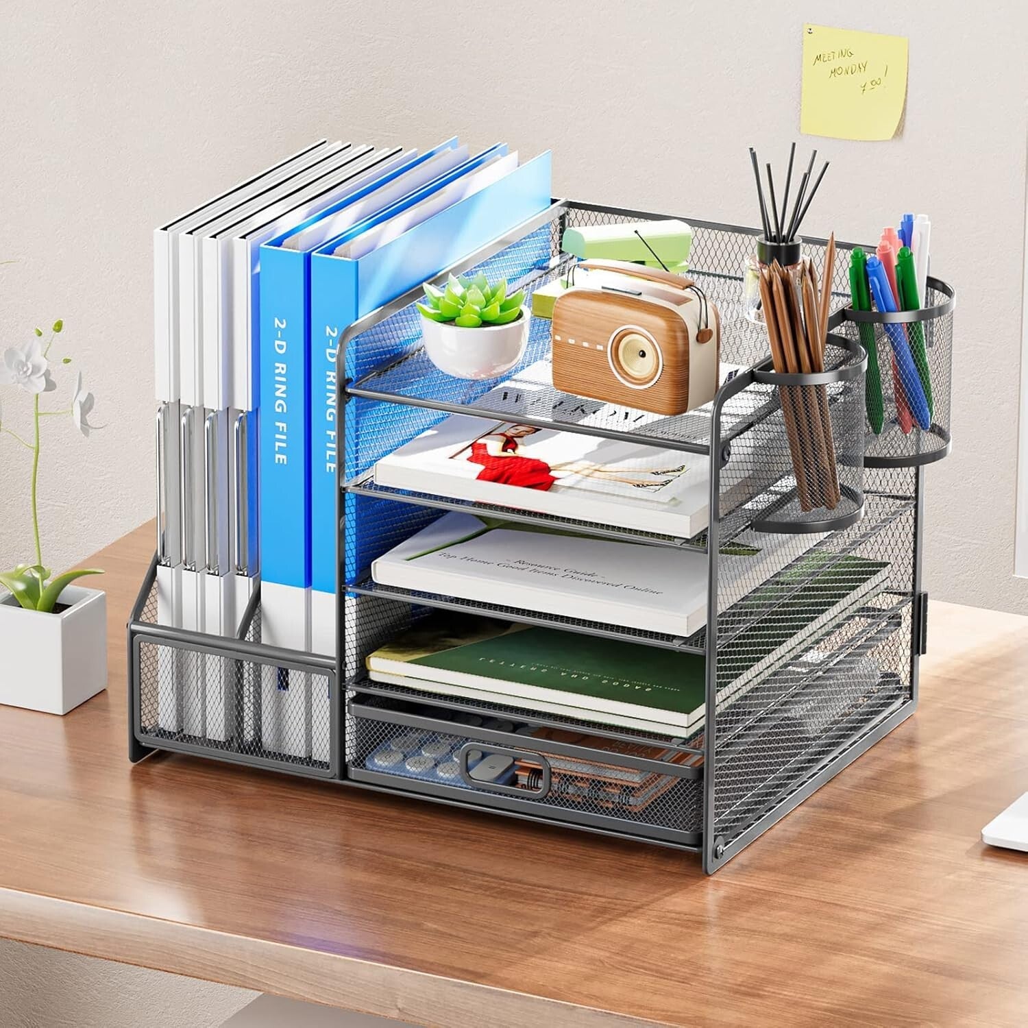 Modern Grey Paper Letter Tray Organizer with Sliding Trays and Drawer for Office