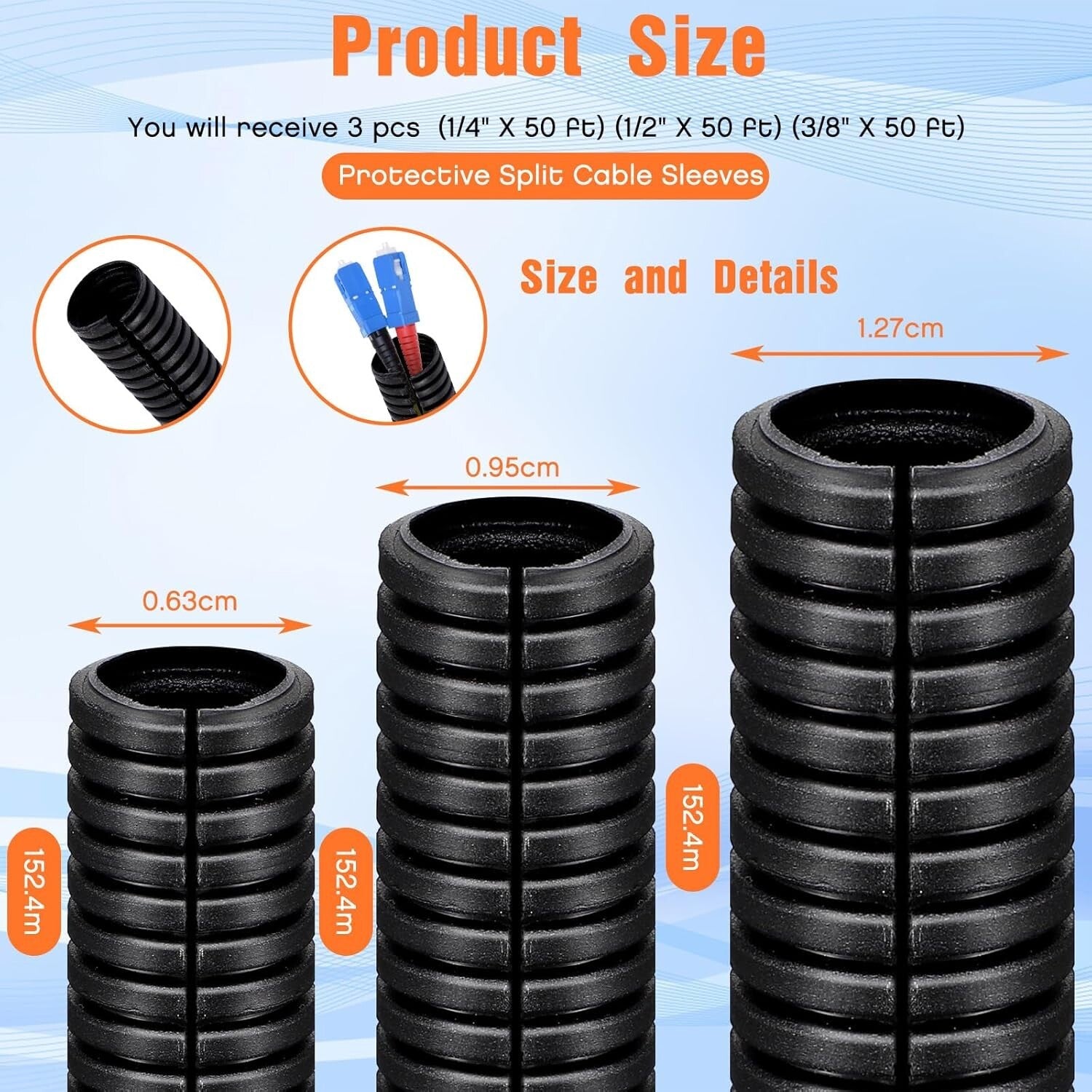 Flexible Electrical Conduit Assortment: 1/4, 1/2, 3/8 x 50 Ft Wire Loom Kit