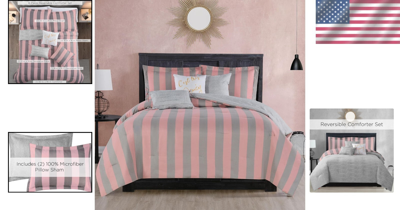 Chic Pink and Grey Strip Comforter Set - Includes 3 Pillows - 6 Piece Queen/Full