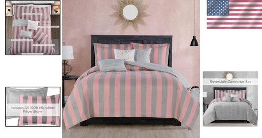 Chic Pink and Grey Strip Comforter Set - Includes 3 Pillows - 6 Piece Queen/Full