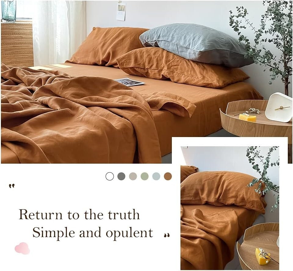 Elegant 4-Piece Rust Linen Bedding Set - King Size Pre-Washed Farmhouse Style