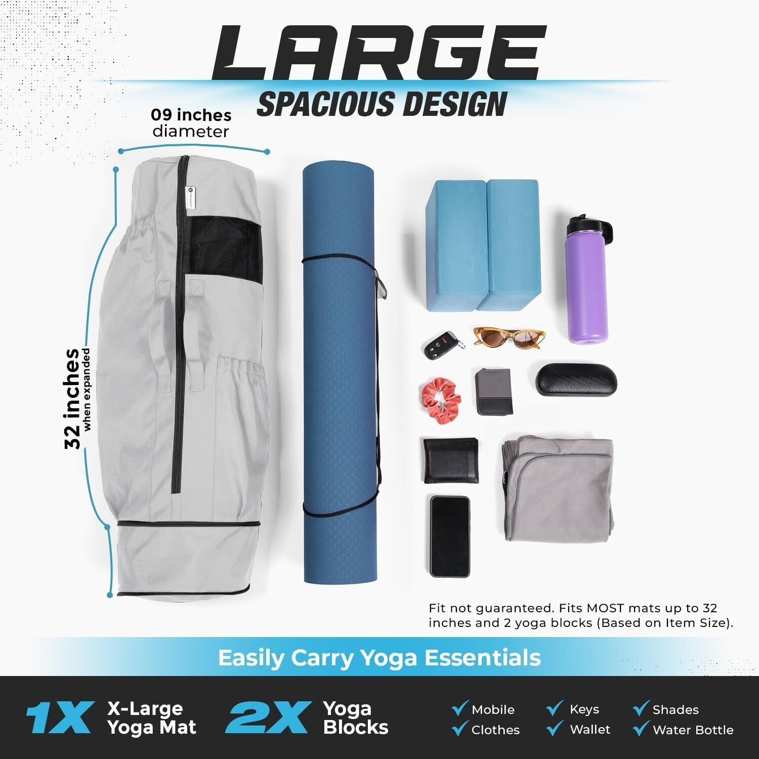 Water-Resistant Yoga Bag - Fits 32" Mats, Adjustable Backpack & Pockets Included