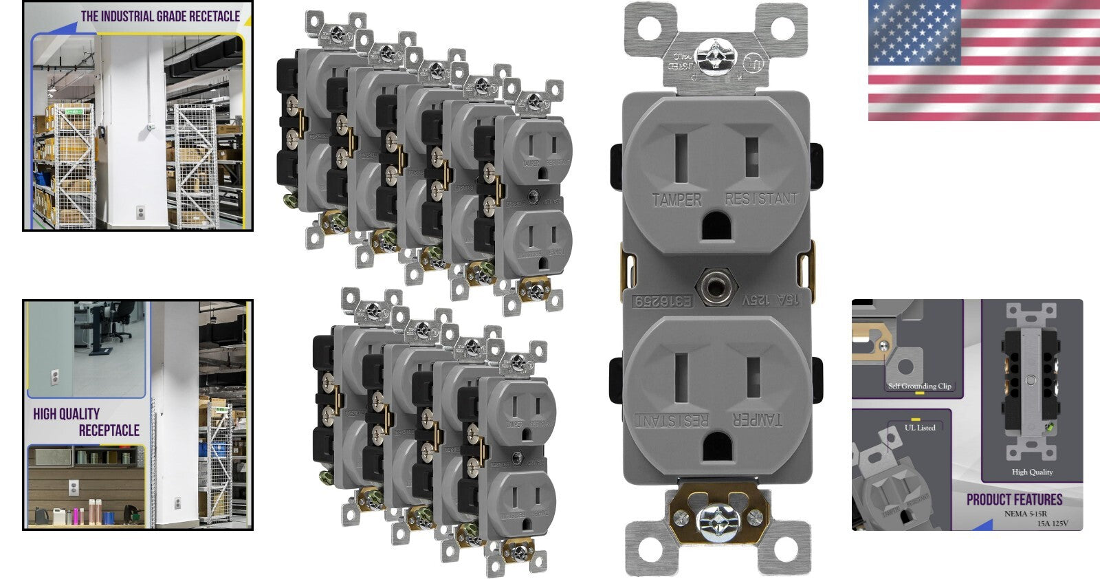 10-Pack Tamper-Resistant Industrial Grade Duplex Outlets, 15A 125V, UL Listed