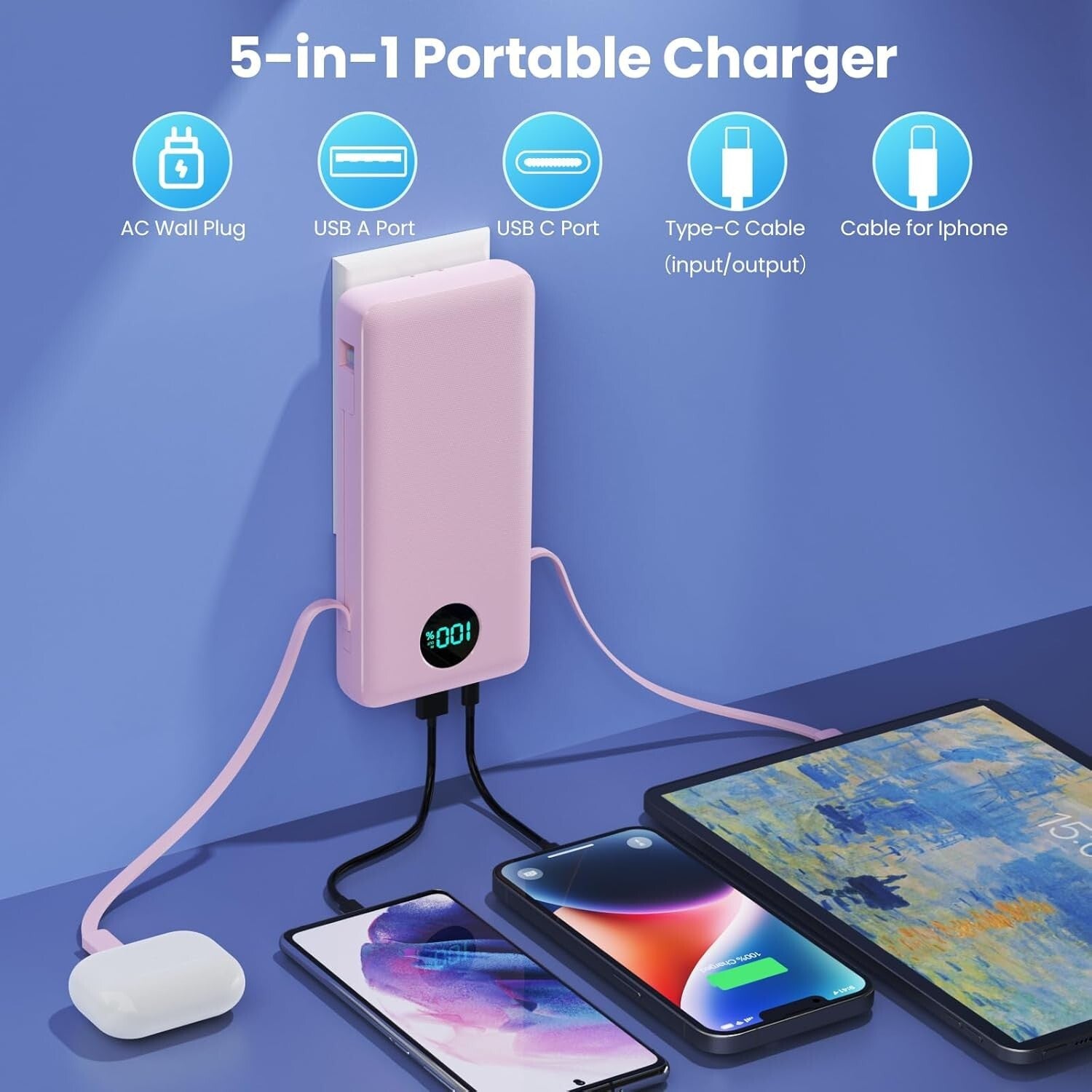 33800mAh Portable Charger with Built-in Cables & 25W Fast Charging Power Bank
