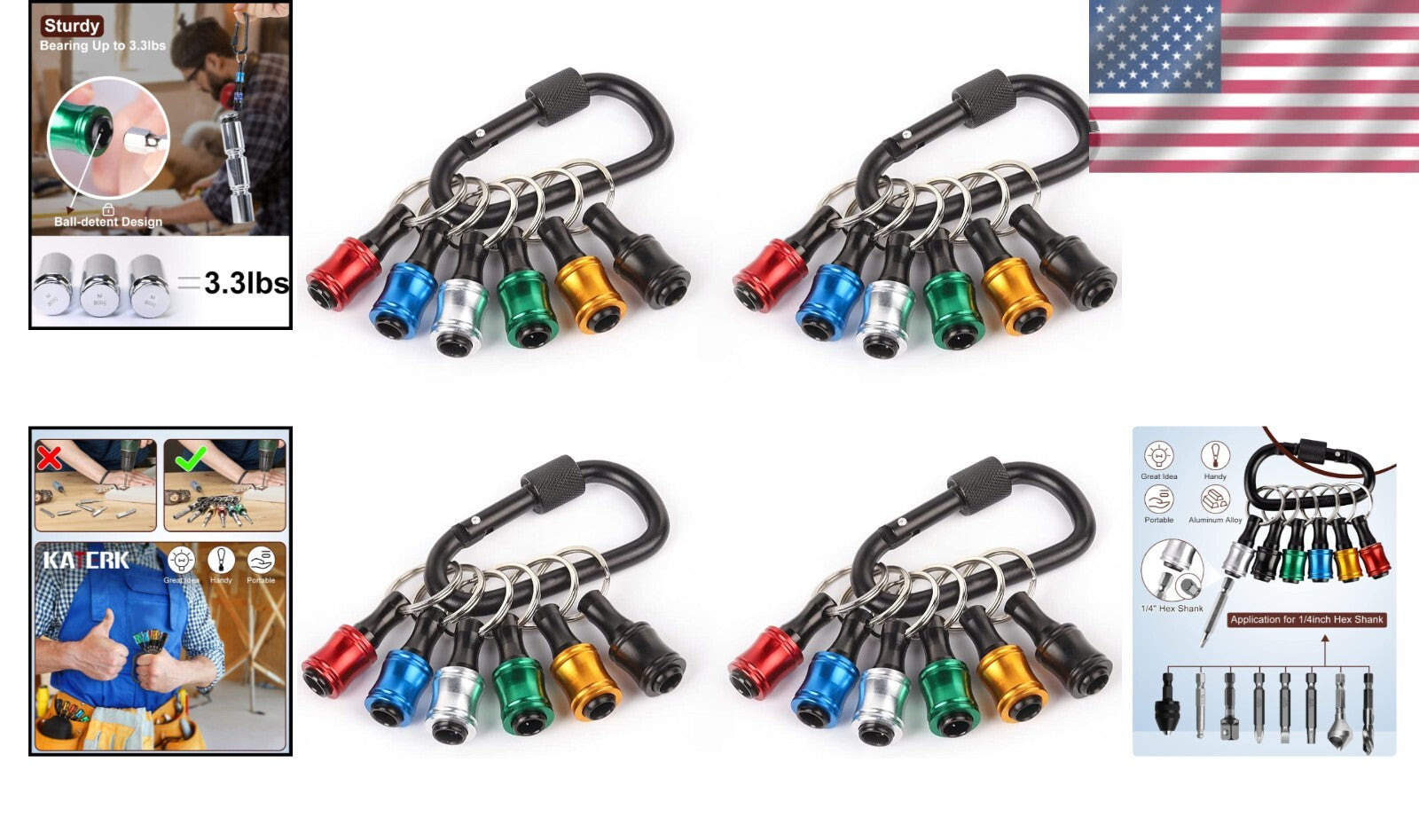 Portable 1/4 Inch Hex Bit Holder Set - Lightweight Aluminum with Carabiner