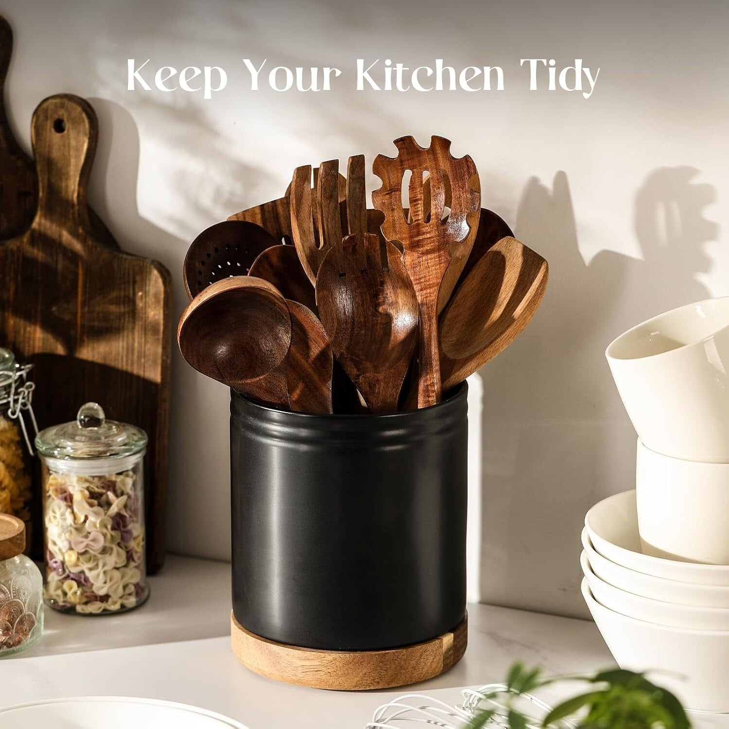 Extra Large Kitchen Utensil Holder - 7.6" Rotating Ceramic Crock in Black