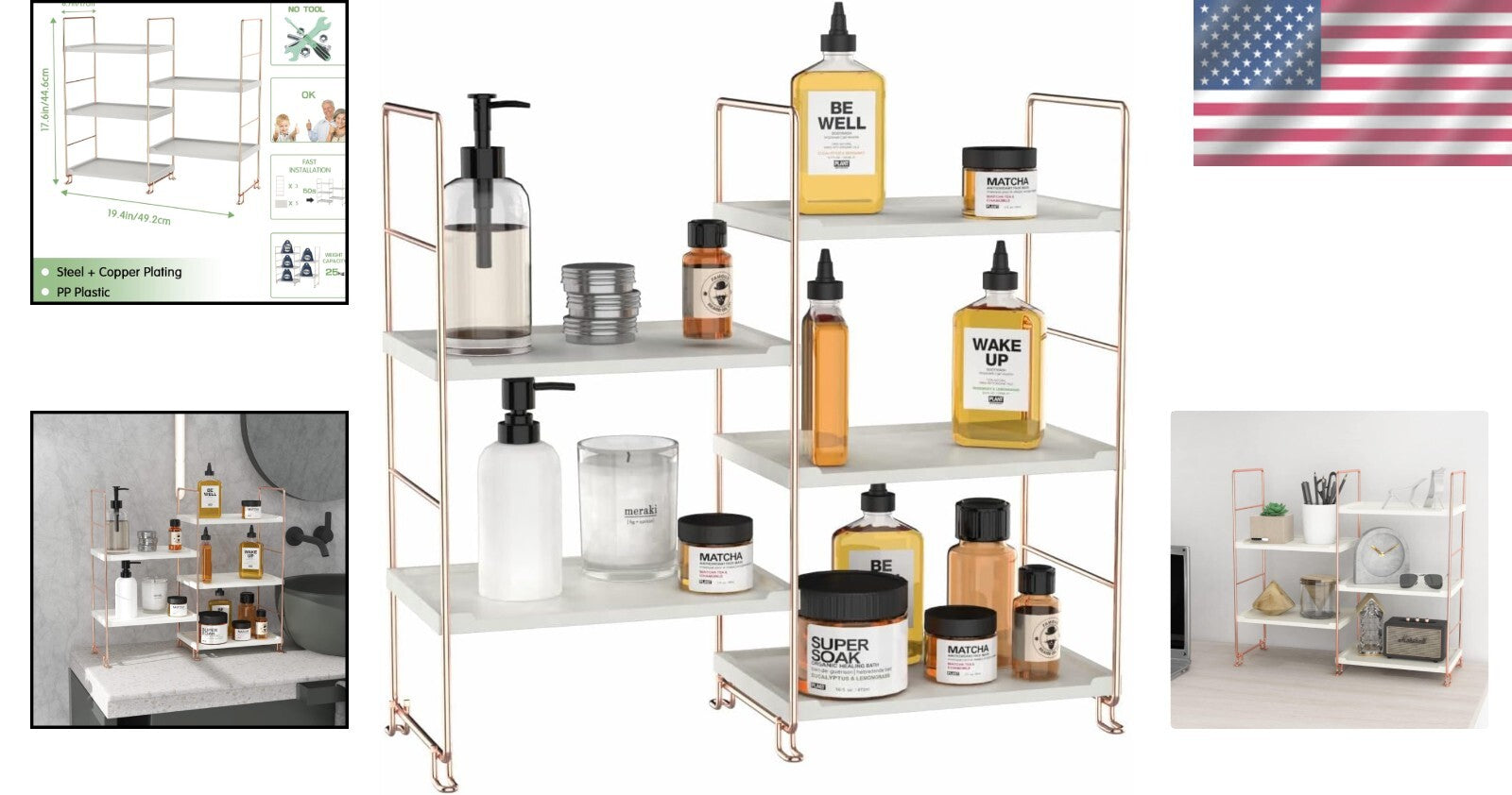 Elegant 3-Tier Bathroom Organizer - Modern Vanity and Spice Rack in Rose Gold