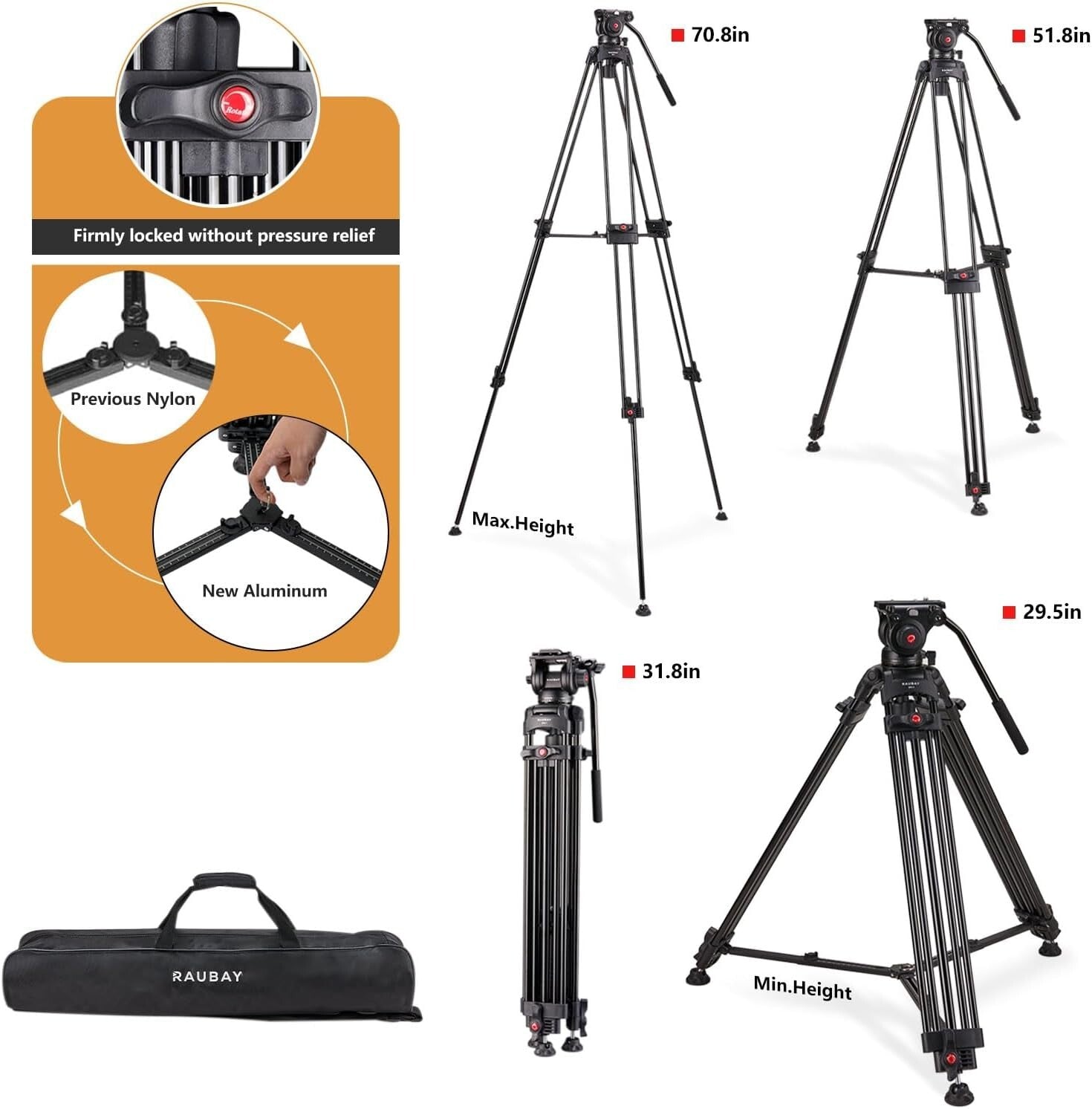 Aluminum Fluid Head Tripod: 70.8” Height, 17.6lbs Capacity for Stable Shots