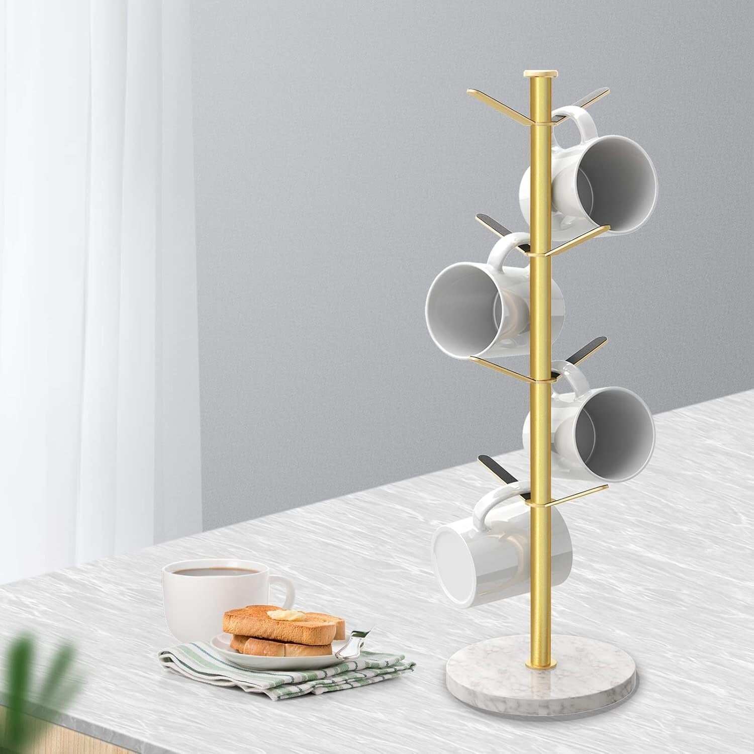 Elegant Gold Mug Holder Tree with Marble Base - 8 Hooks for Stylish Kitchens