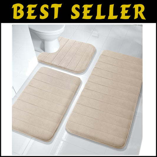 3-Piece Beige Memory Foam Bath Rug Set - Ultra-Soft, Water Absorbent & Non-Slip