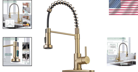 Brushed Gold Brass Kitchen Faucet with Pull Down Sprayer for Modern Utility