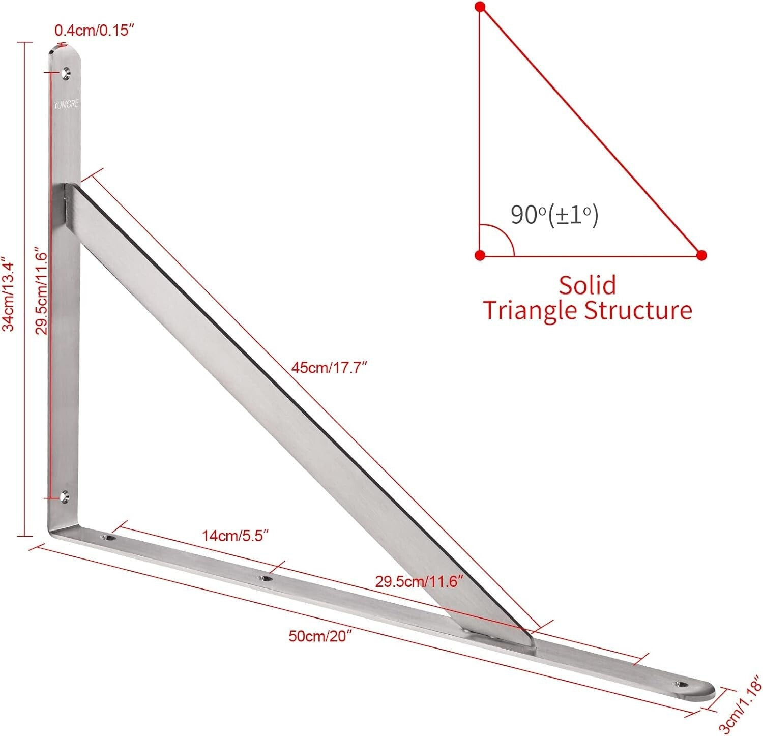 Stainless Steel 20" Shelf Brackets - 550lb Capacity, Ideal for DIY Projects