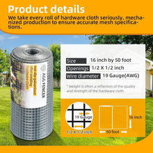Load image into Gallery viewer, 16in x 50ft Galvanized Hardware Cloth - Durable 1/2 Inch Chicken Wire Fencing