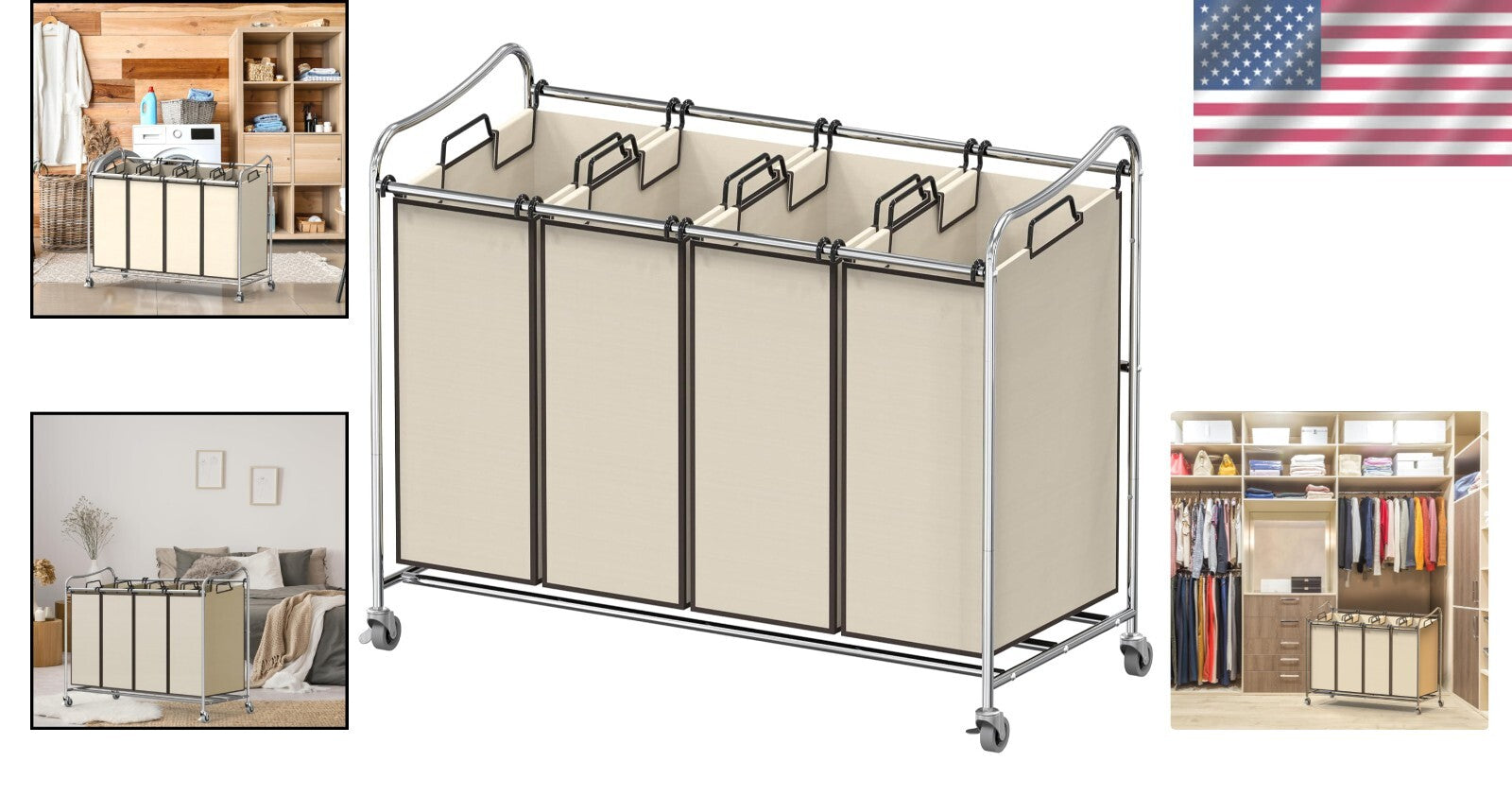 Efficient 4-Bag Heavy-Duty Laundry Cart with Smooth Rolling Casters in Chrome