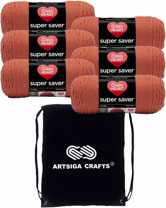 Durable 6-Skein Super Saver Acrylic Yarn in Coral with Easy Carry Project Bag