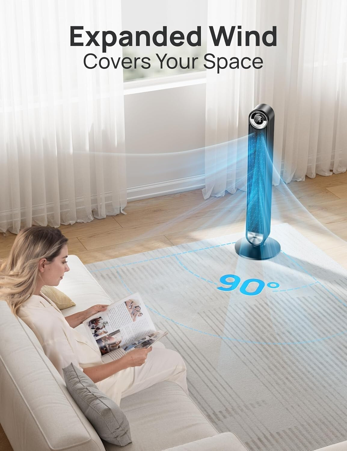 Elegant 90° Oscillating Tower Fan - Remote Control, 25 dB Silent Operation