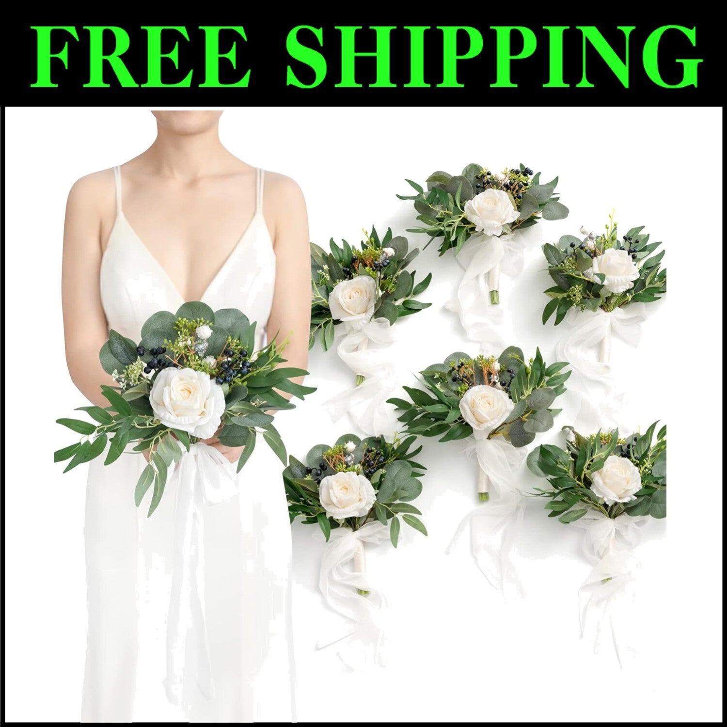 Durable Silk Bridesmaid Bouquets in White and Sage - Set of 6 for Ceremonies