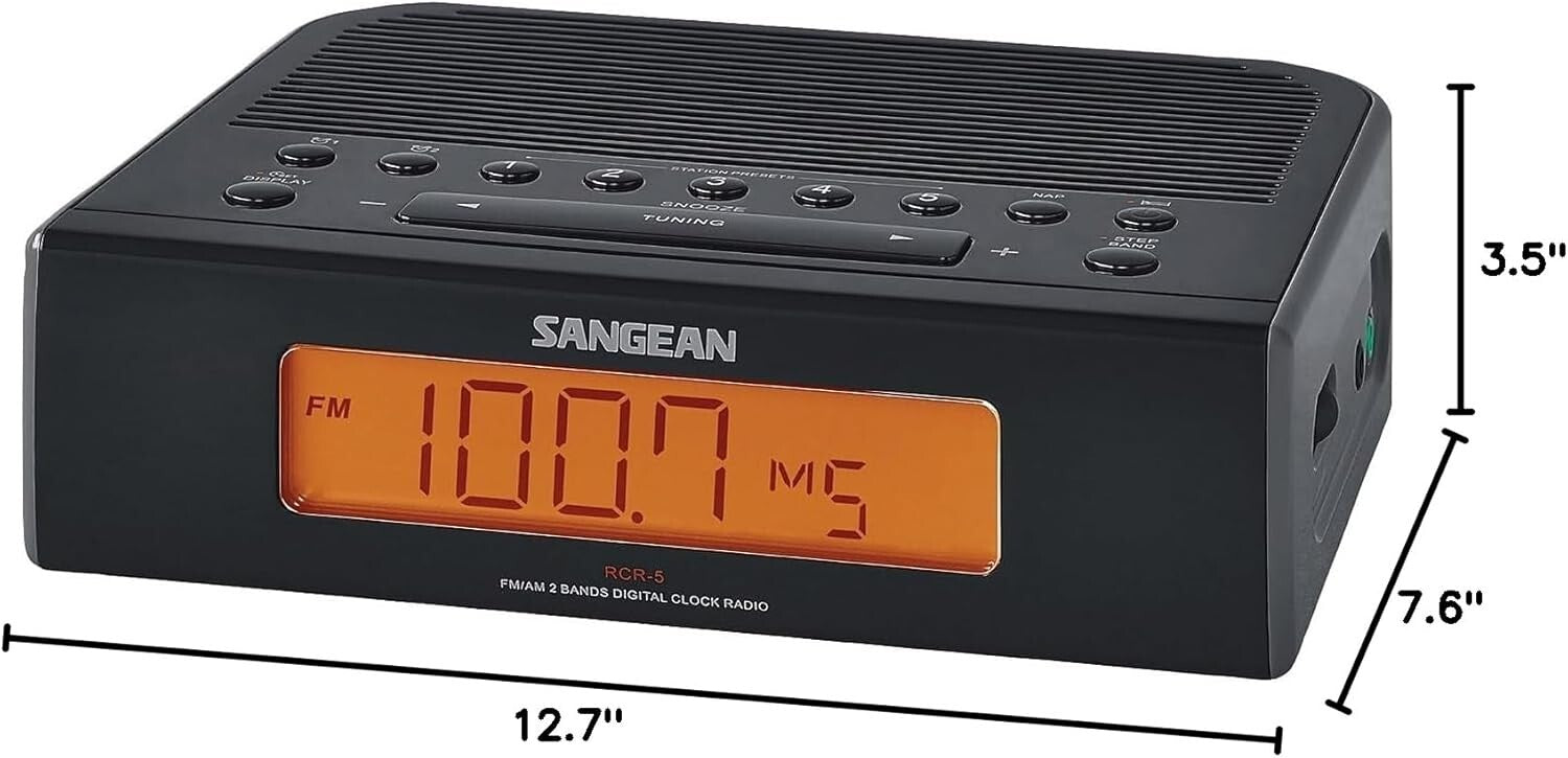 Sleek Black RCR-5 AM/FM Clock Radio with Advanced Timer Functions & Aux Input