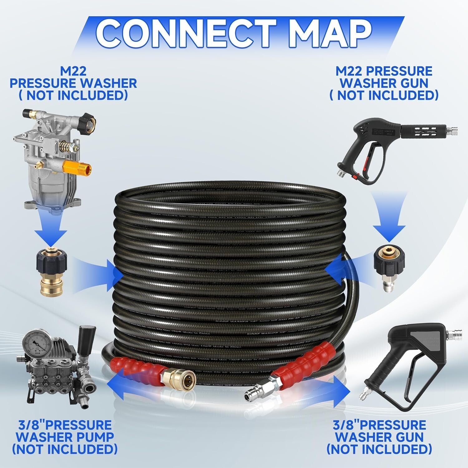 Versatile 50ft Steel Braid Pressure Washer Hose - 6000 PSI, for Gas & Electric