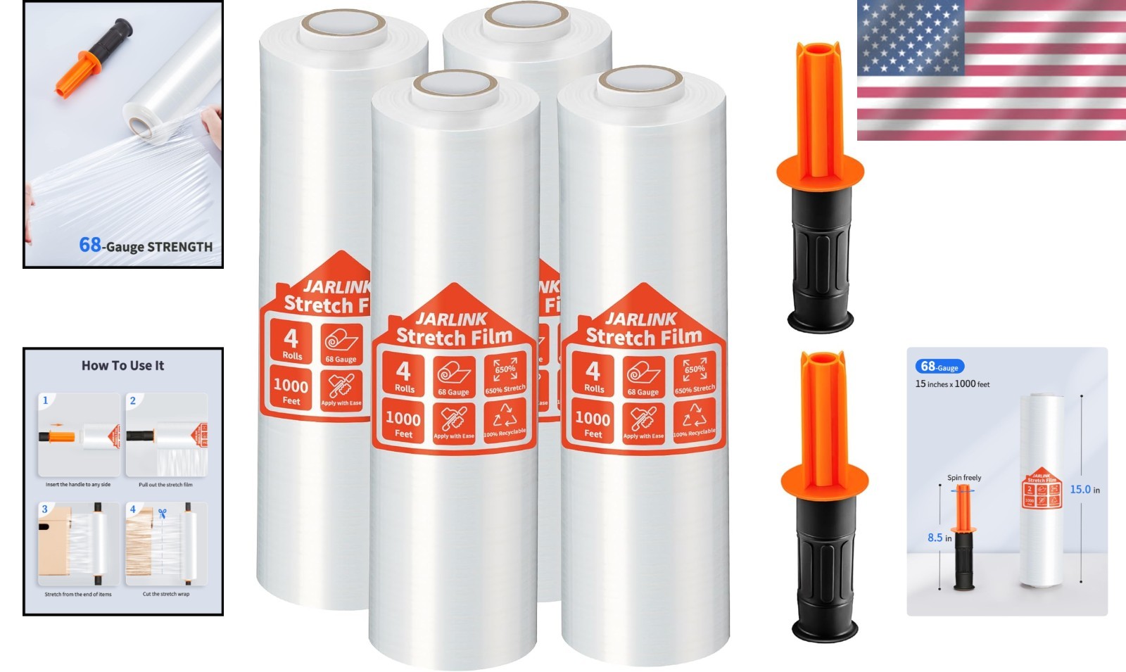 15" Heavy-Duty Stretch Film 4 Pack - Clear Packaging for Moving & Shipping