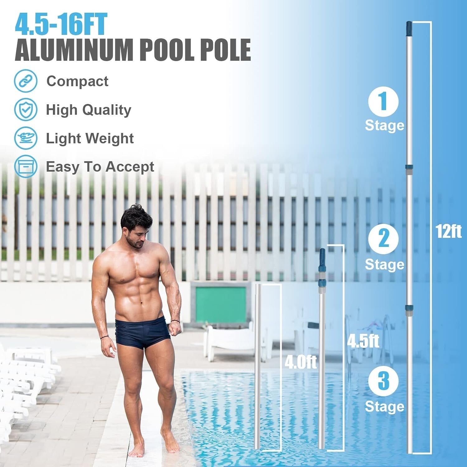 Lightweight Telescopic Pool Pole - 16FT Aluminum with Superior Grip & Durability