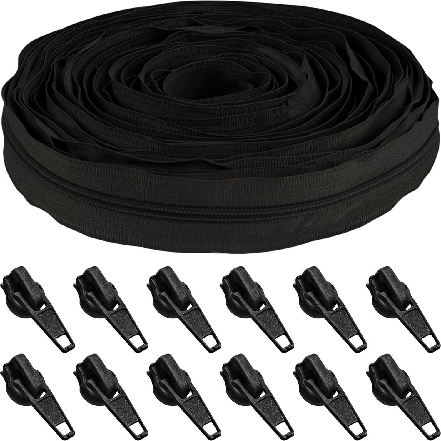 200 Yards Durable Black Nylon Zipper Tape with 200 Metal Pulls for DIY Projects