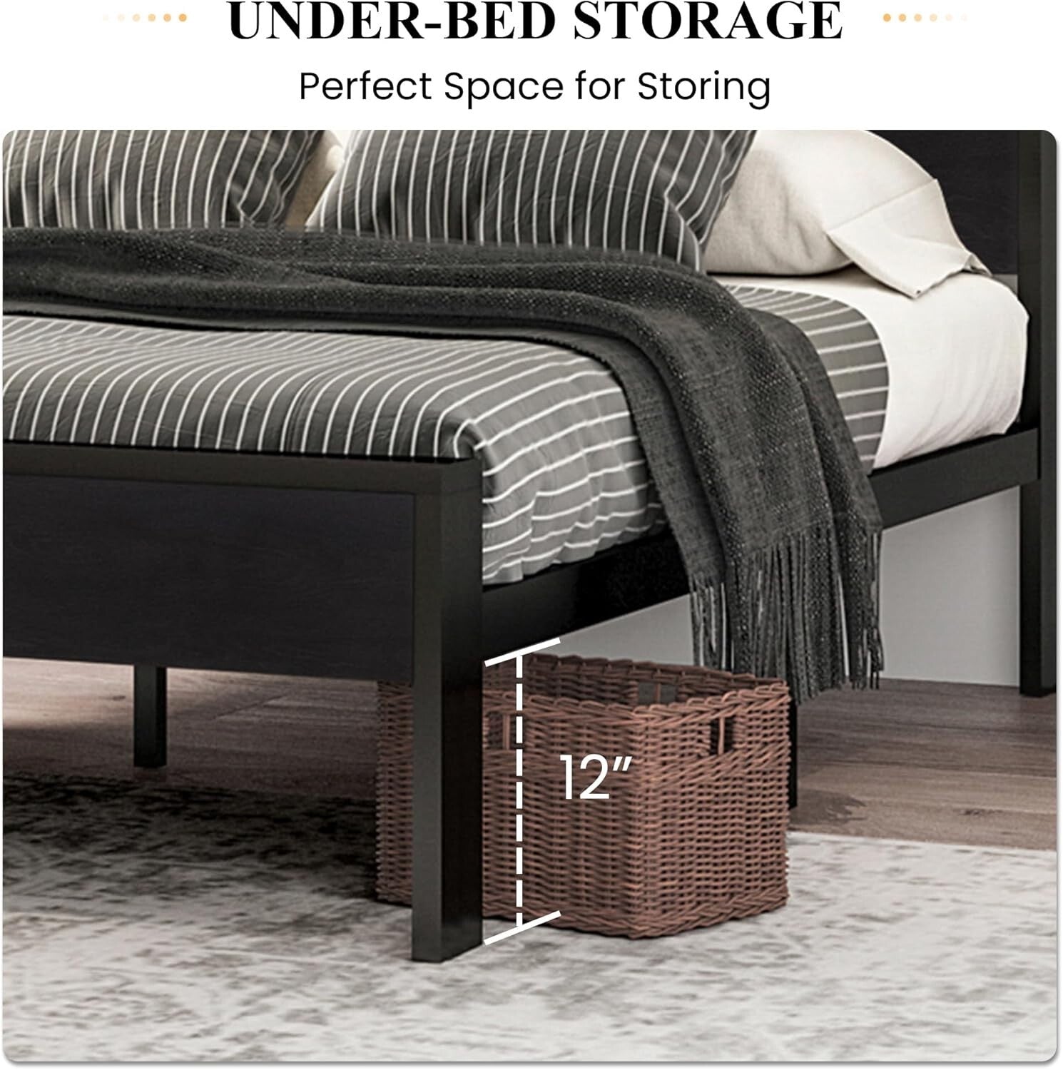 Sturdy 14-Inch Full Metal Platform Bed Frame with Rustic Black Oak Headboard