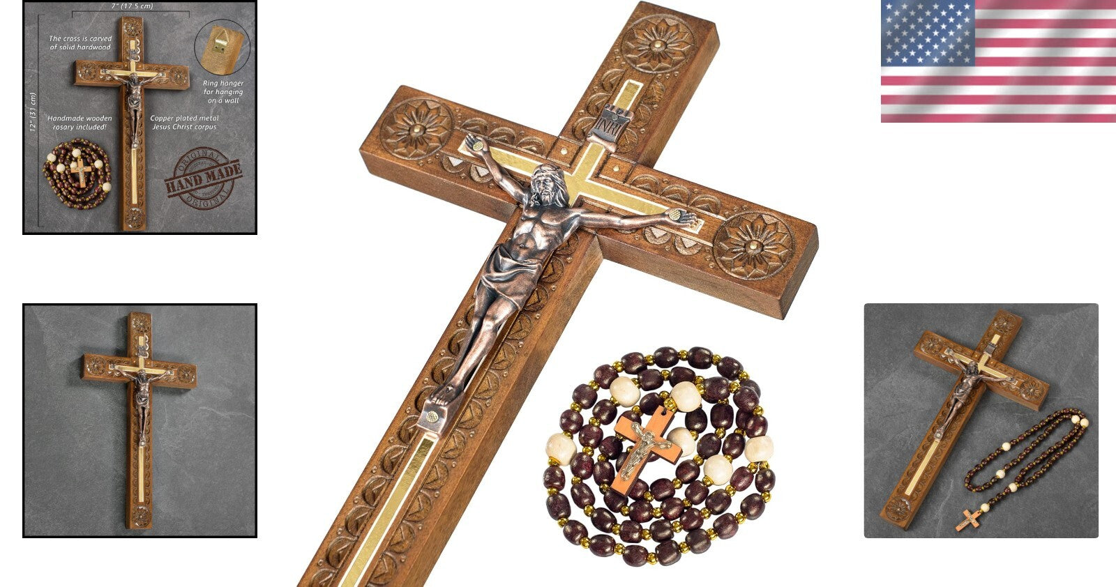 Handcrafted 12-Inch Crucifix Wall Cross - Elegant Decor with Wooden Rosary Gift