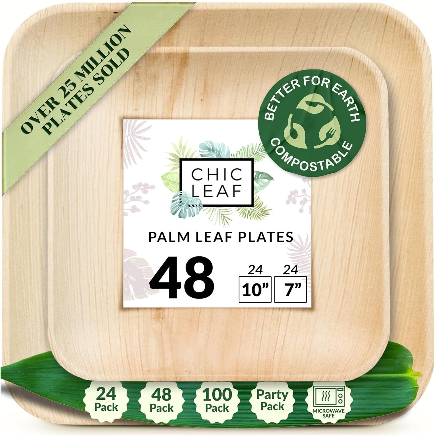 Eco-Friendly 48-Piece Set - Biodegradable 10" & 7" Square Palm Leaf Plates