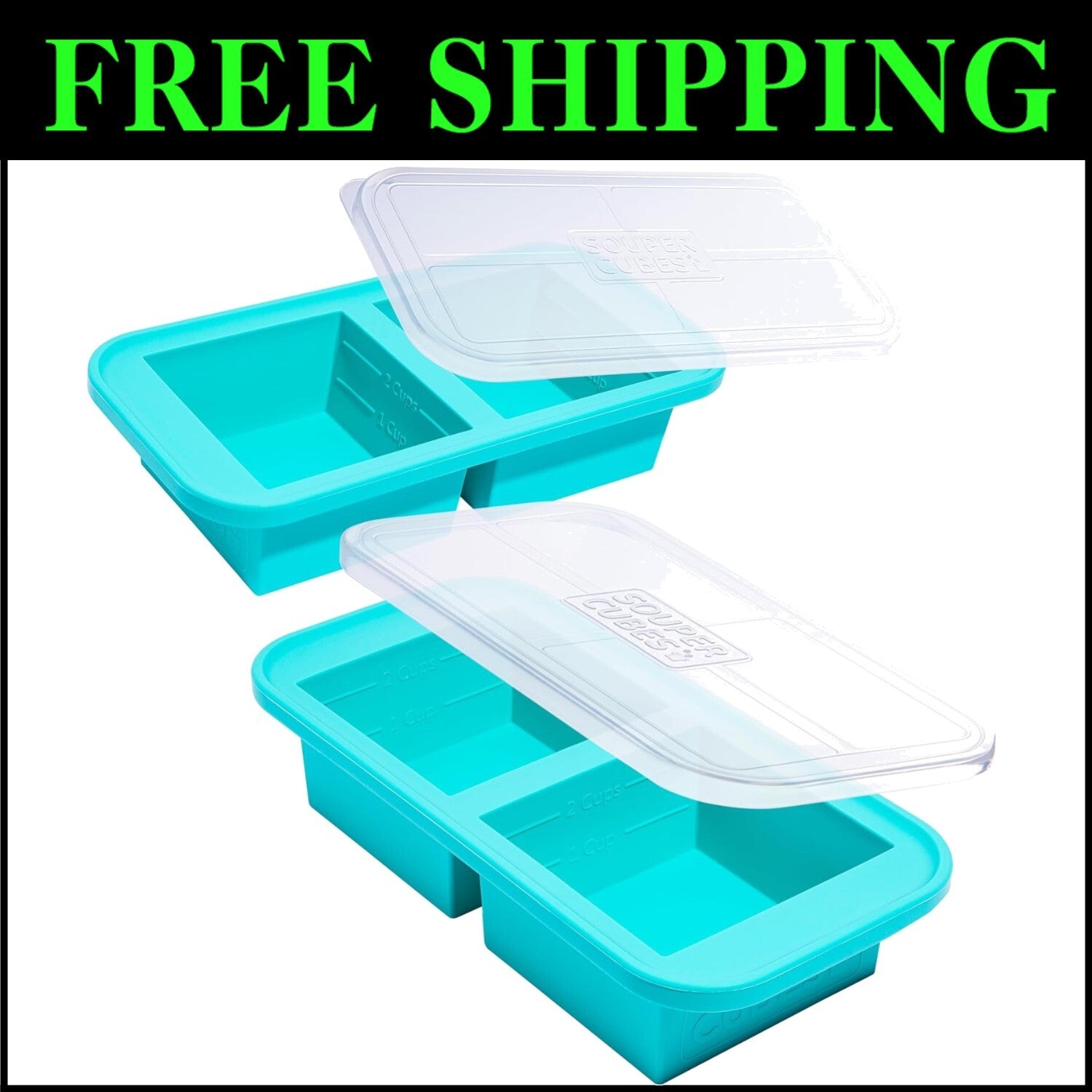 Easy Meal Prepping with Aqua Silicone Freezer Trays - 2 Cup Capacity, 2-Pack