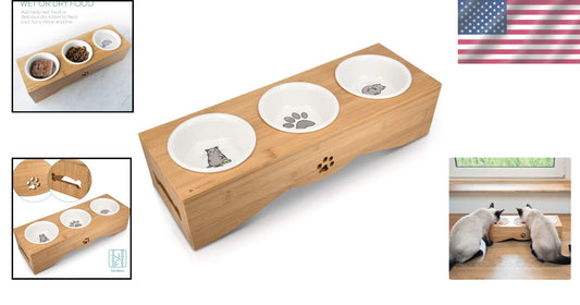 Eco-Friendly Elevated Pet Bowl Set - 3 Ceramic Dishes in Bamboo Stand for Cats