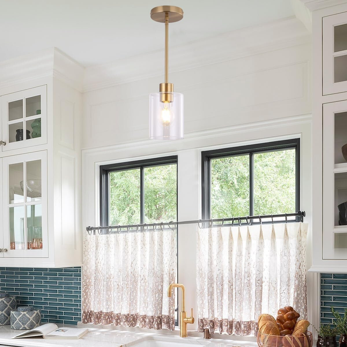 Height-Adjustable Brass Pendant Light Fixtures with Clear Glass Shade - 3 Units