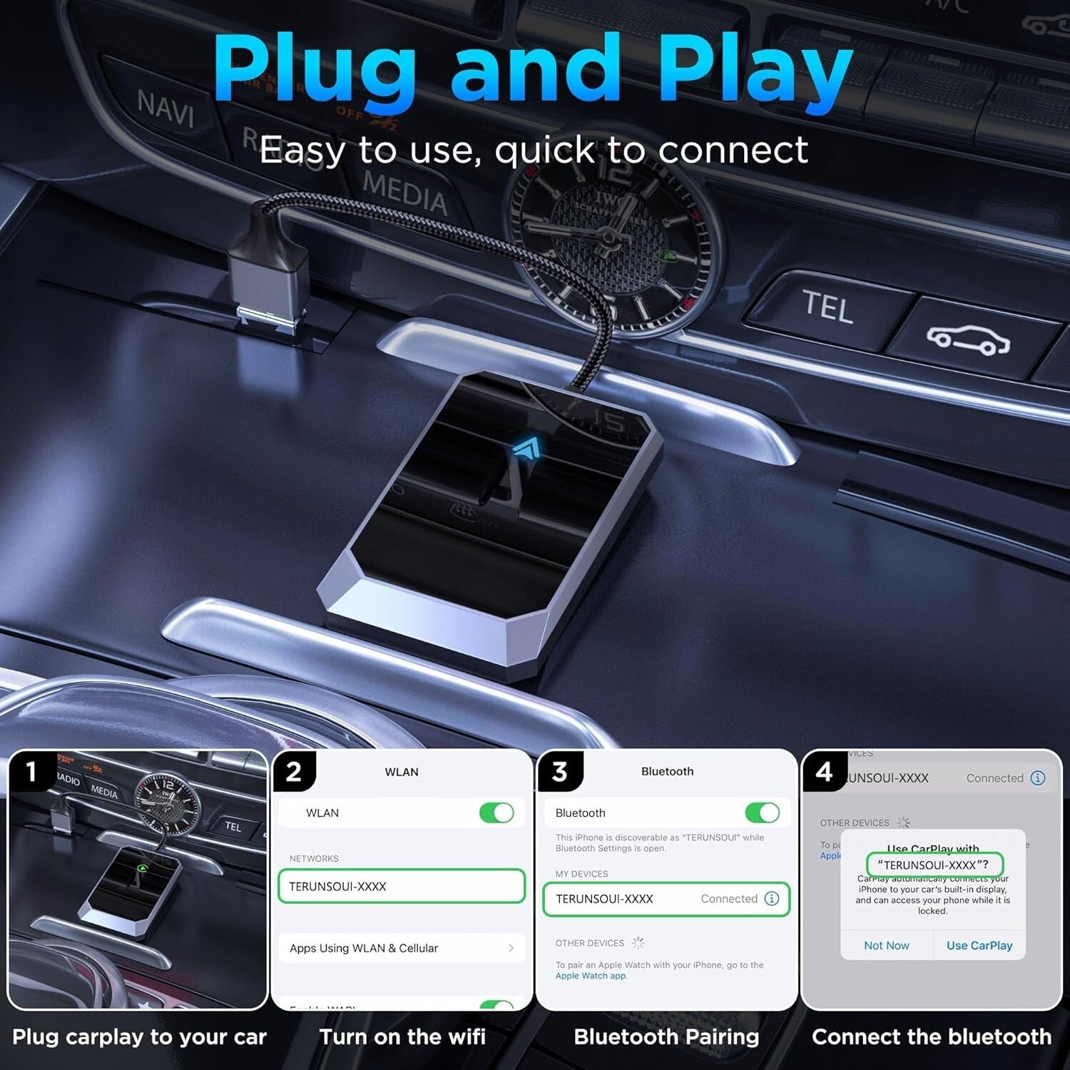 Plug-and-Play Wireless Adapter for Android Auto - Compatible with 800+ Cars