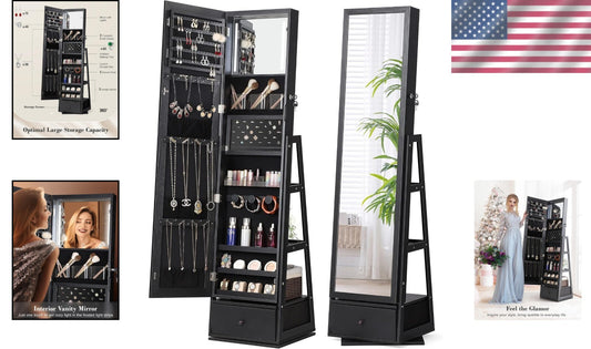 360° Swivel Lighted Jewelry Cabinet with Touch Screen Vanity Mirror - Black