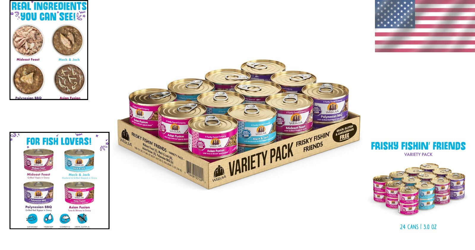 Frisky Fishin' Friends Wet Cat Food Variety Pack - 24 Cans of Seafood Delights